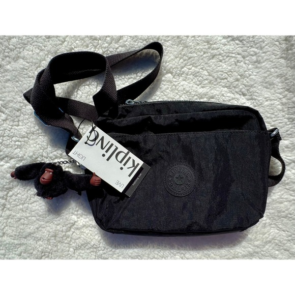 Kipling DAVINA Crossbody Bag Black Lightweight Travel Purse with Monkey, NWT - Picture 1 of 6